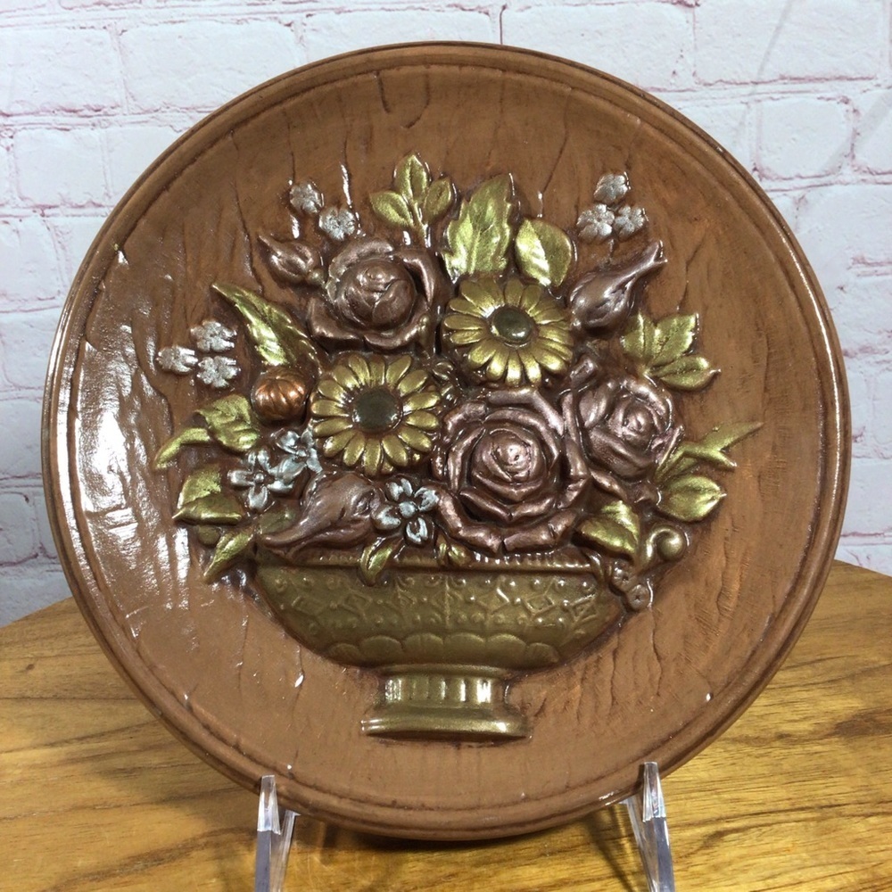 Vintage Hand Painted Iridescent Floral Ceramic Plate Wall Hanging